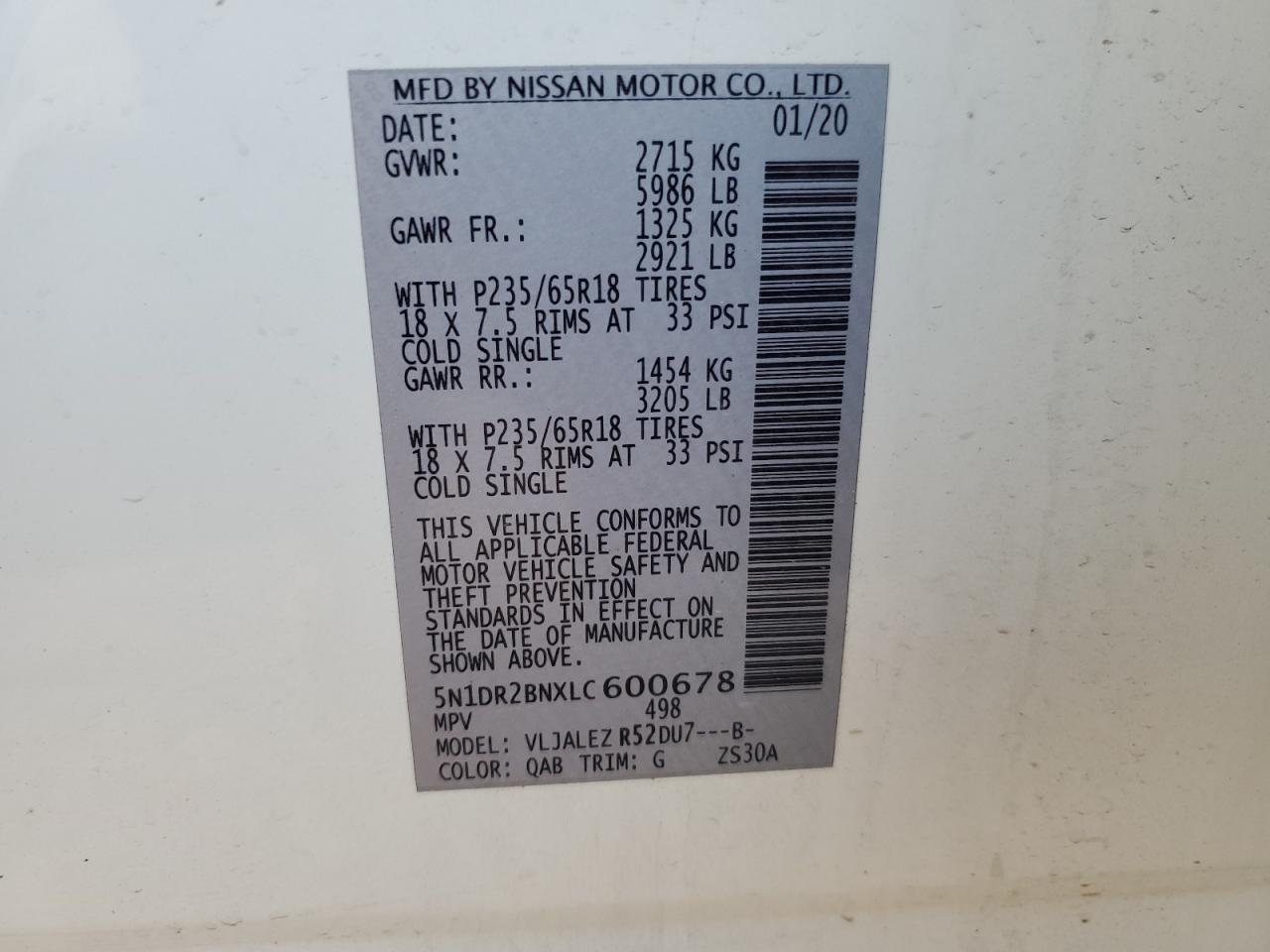 2020 Nissan Pathfinder VIN 5N1DR2BNXLC600678 Copart auction photo, side / undercarriage damage thumbnail 15