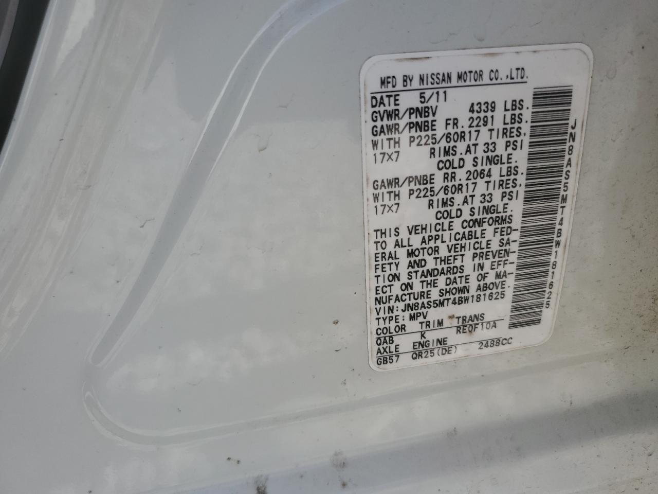 2011 Nissan Rogue VIN JN8AS5MT4BW181625 Copart auction photo, front end damage thumbnail 15