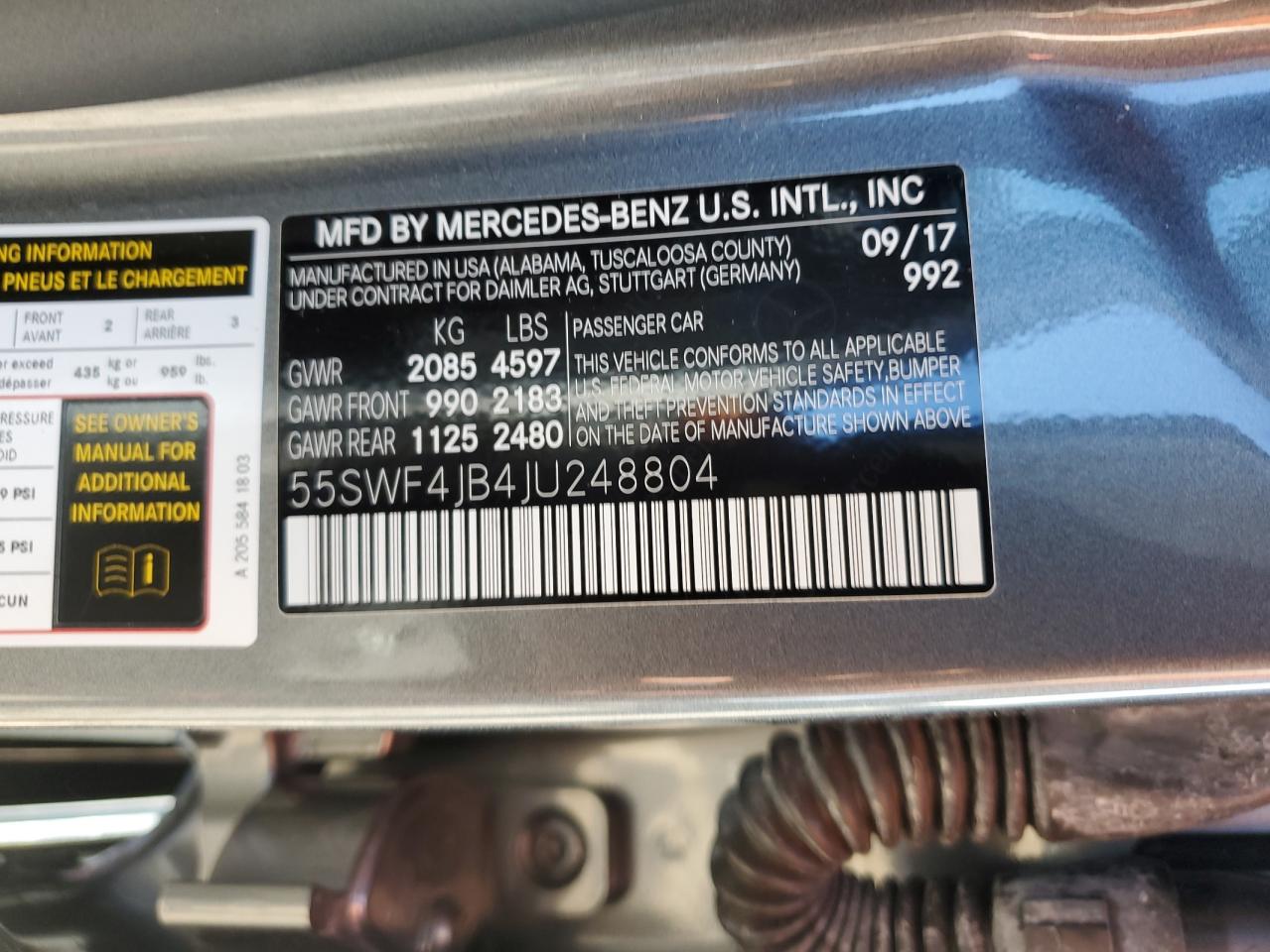 2018 Mercedes-Benz C-klasse VIN 55SWF4JB4JU248804 Copart auction photo, front end / rear end damage thumbnail 12