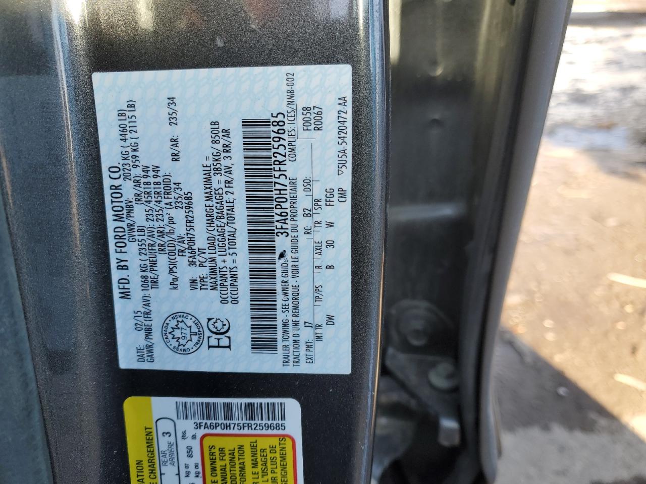 2015 Ford Fusion VIN 3FA6P0H75FR259685 Copart auction photo, front end damage thumbnail 14