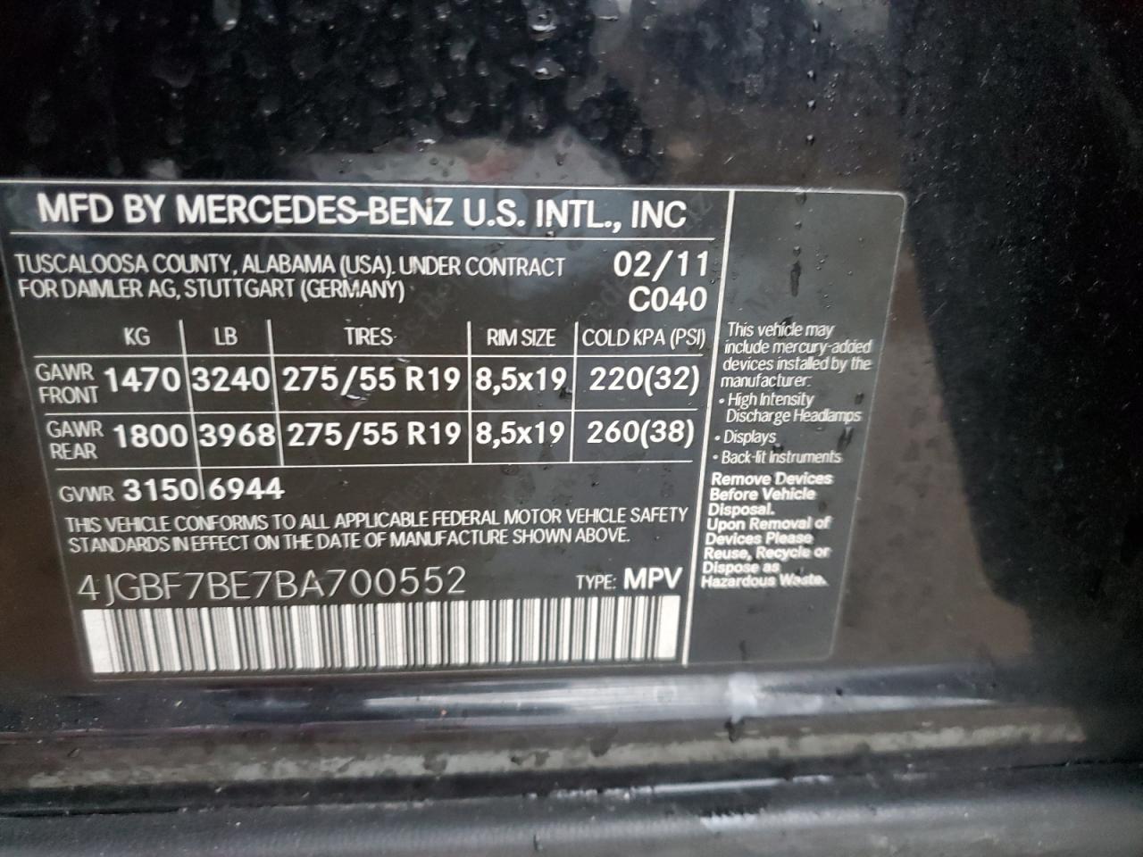 2011 Mercedes-Benz GL-klasse VIN 4JGBF7BE7BA700552 Copart auction photo, side / minor dent/scratches damage thumbnail 13