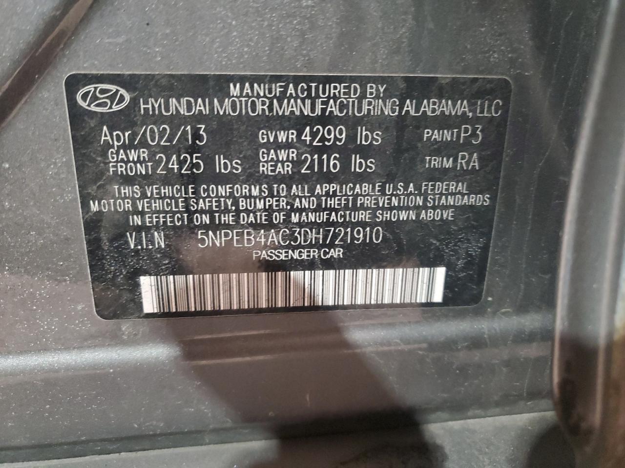 2013 Hyundai Sonata VIN 5NPEB4AC3DH721910 Copart auction photo, minor dent/scratches / vandalism damage thumbnail 12