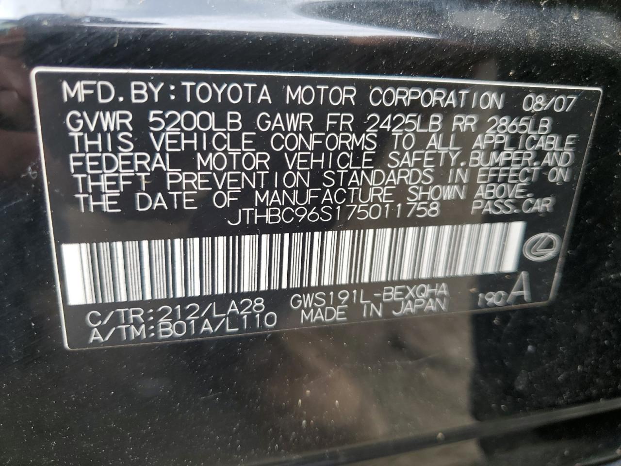 2007 Lexus GS VIN JTHBC96S175011758 Copart auction photo, side damage thumbnail 12