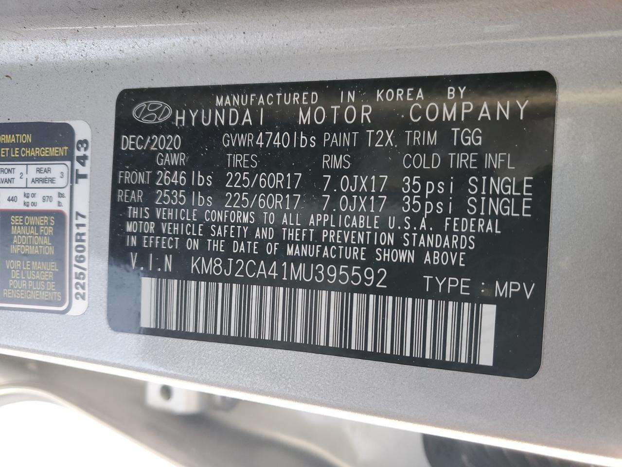 2021 Hyundai Tucson VIN KM8J2CA41MU395592 Copart auction photo, rear end damage thumbnail 13