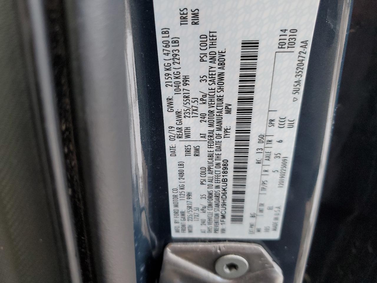 2019 Ford Escape VIN 1FMCU9HD6KUB18980 Copart auction photo, front end damage thumbnail 14