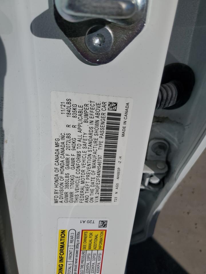 2022 Honda Civic VIN 2HGFE2F54NH546797 Copart auction photo, front end damage thumbnail 15