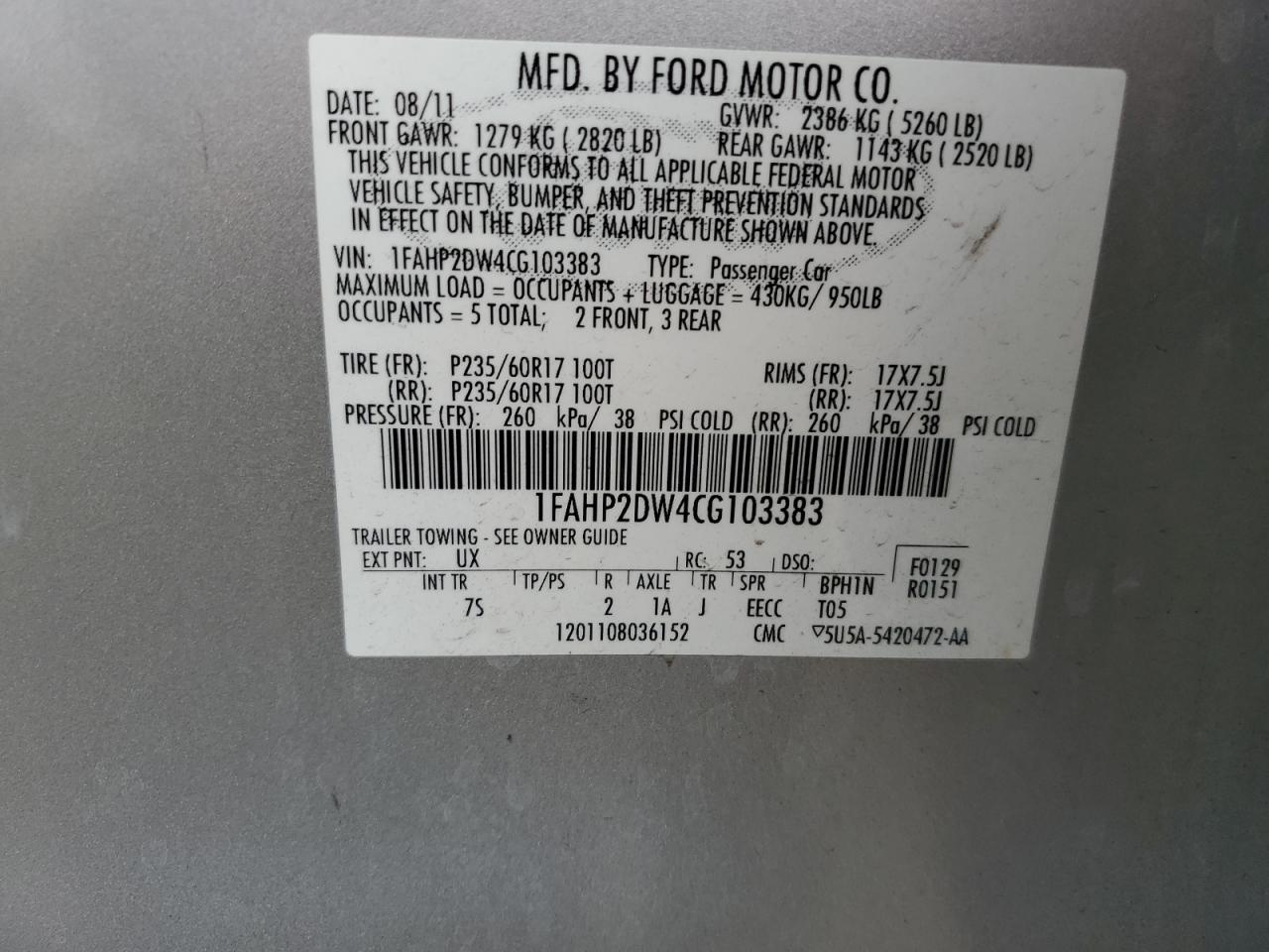 2012 Ford Taurus VIN 1FAHP2DW4CG103383 Copart auction photo, front end damage thumbnail 15