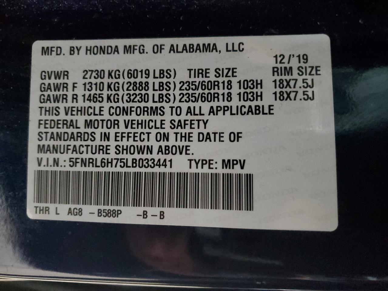 2020 Honda Odyssey VIN 5FNRL6H75LB033441 Copart auction photo, rear end damage thumbnail 13