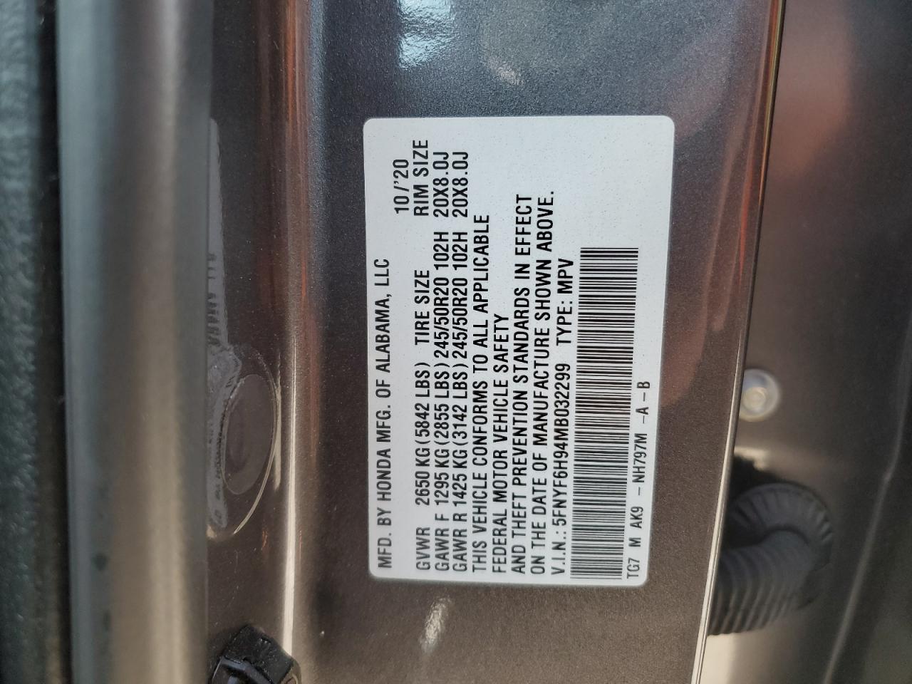 2021 Honda Pilot VIN 5FNYF6H94MB032299 Copart auction photo, rollover damage thumbnail 13