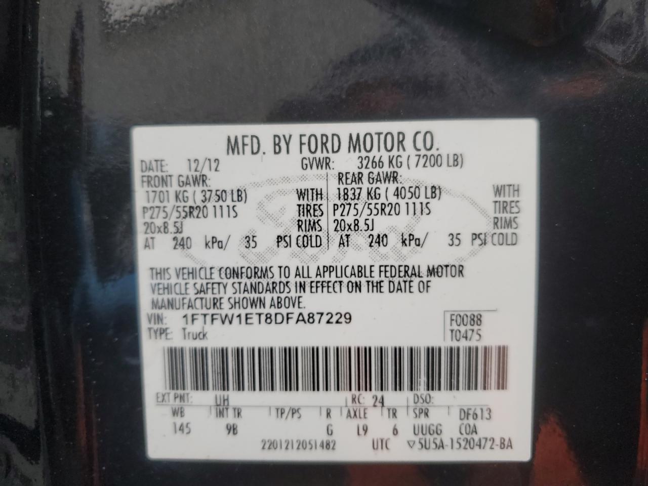 2013 Ford F-150 VIN 1FTFW1ET8DFA87229 Copart auction photo, front end damage thumbnail 12