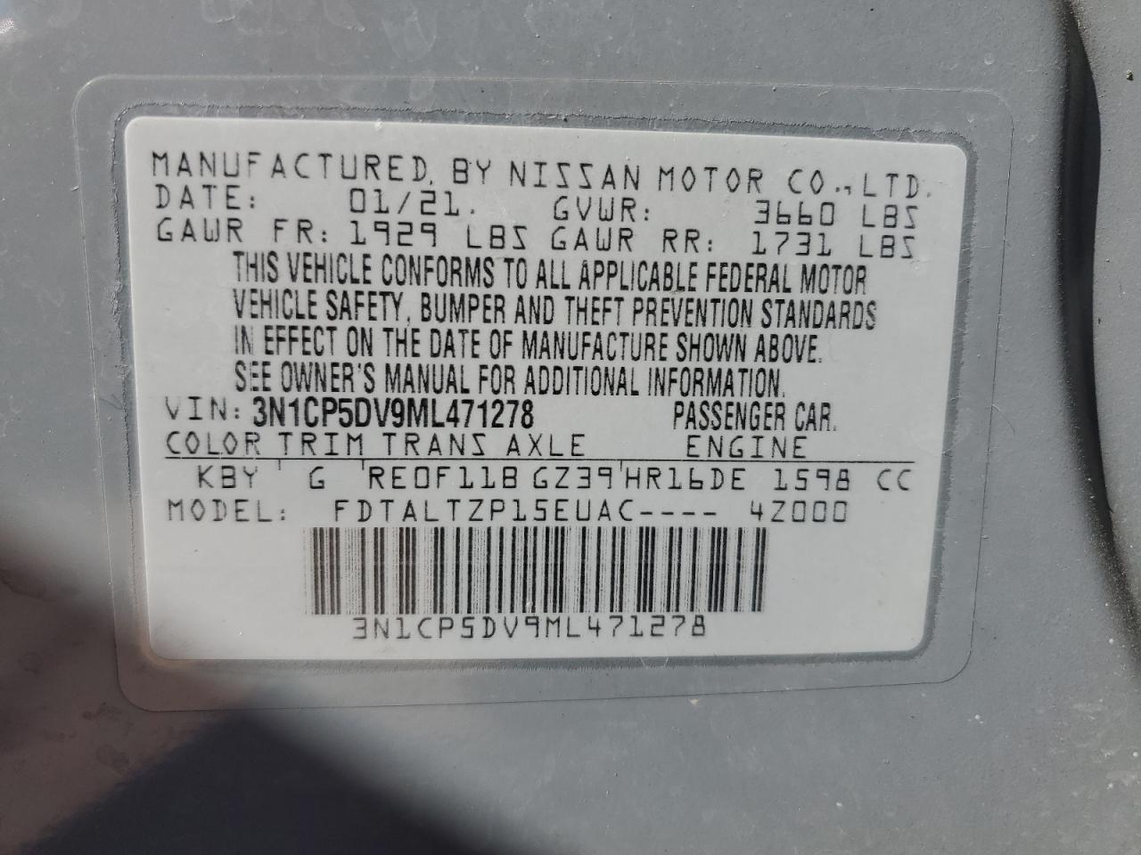 2021 Nissan Kicks VIN 3N1CP5DV9ML471278 Copart auction photo, mechanical damage thumbnail 13