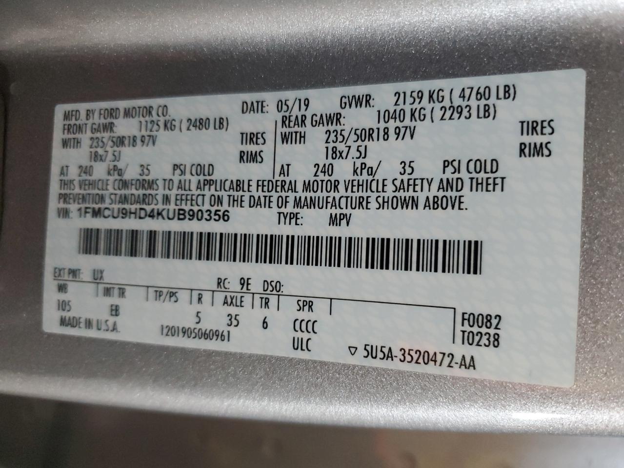 2019 Ford Escape VIN 1FMCU9HD4KUB90356 Copart auction photo, front end damage thumbnail 12