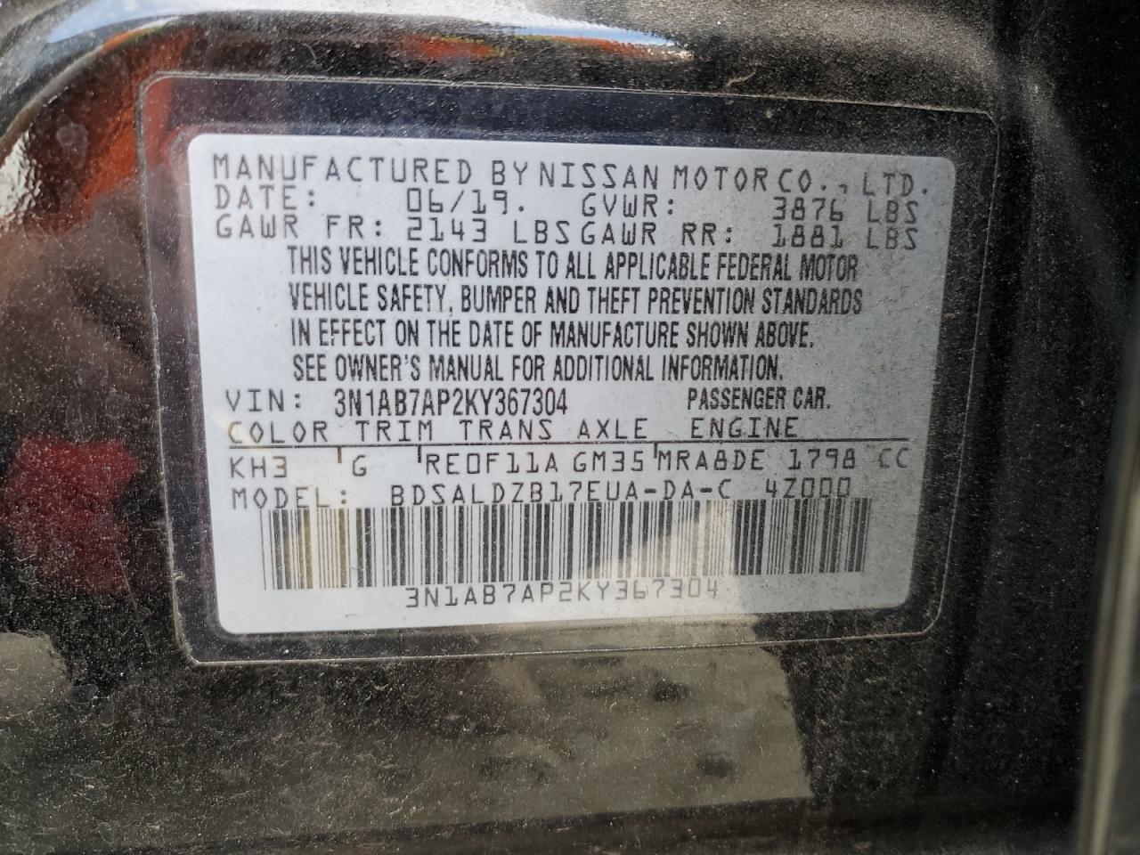 2019 Nissan Sentra VIN 3N1AB7AP2KY367304 Copart auction photo, rear end damage thumbnail 15