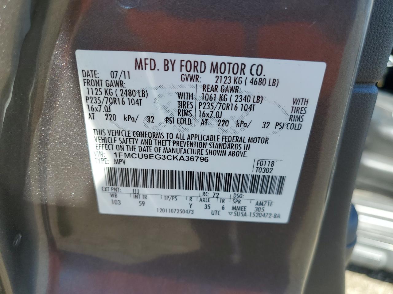 2012 Ford Escape VIN 1FMCU9EG3CKA36796 Copart auction photo, front end / minor dent/scratches damage thumbnail 13
