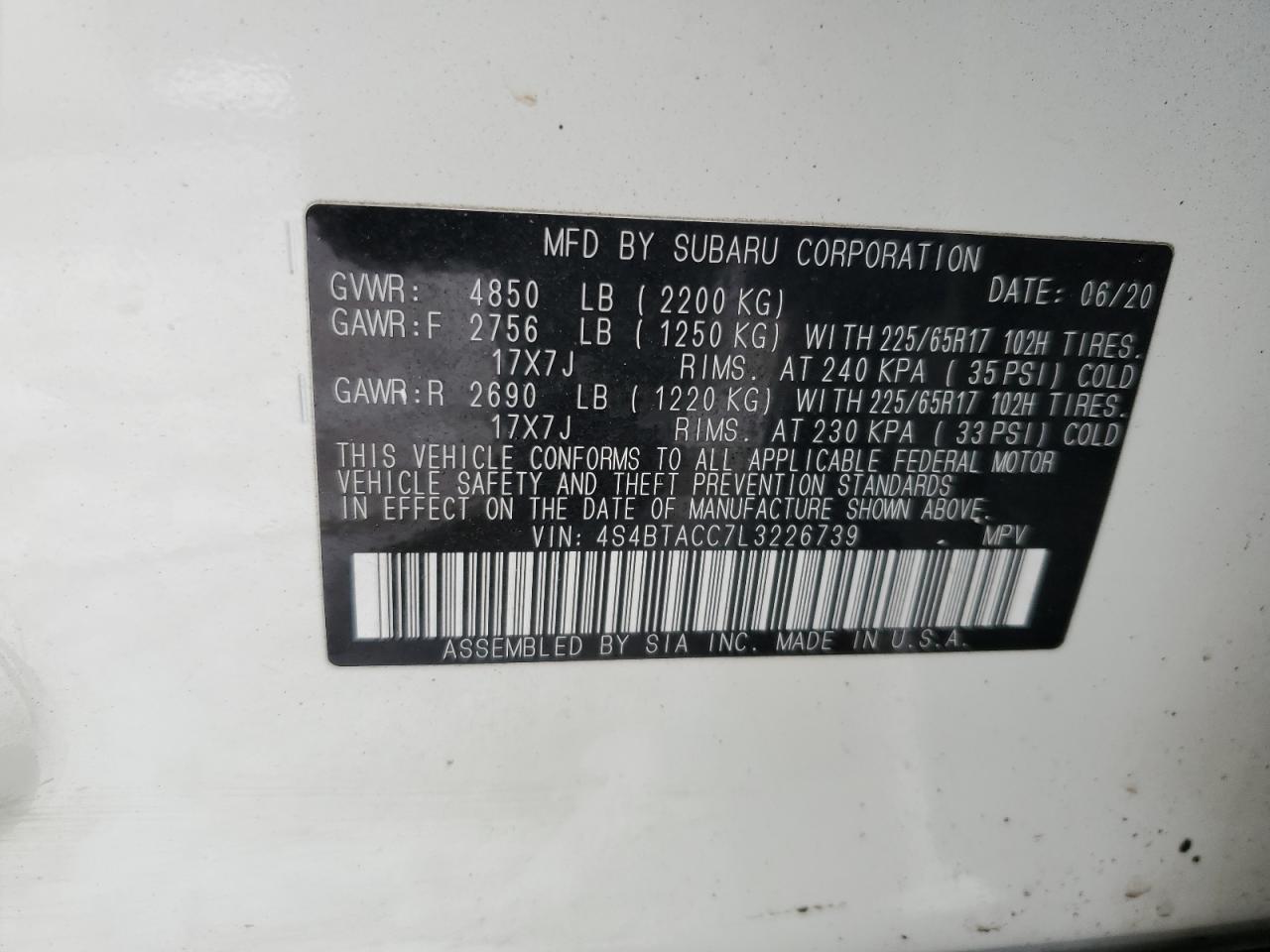 2020 Subaru Outback VIN 4S4BTACC7L3226739 Copart auction photo, side / rear end damage thumbnail 15