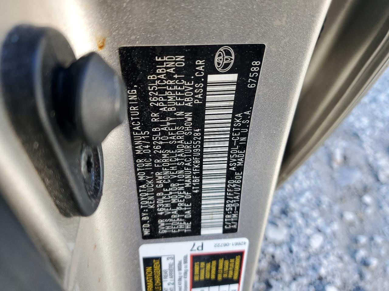 2015 Toyota Camry VIN 4T1BF1FK9FU955284 Copart auction photo, side / front end damage thumbnail 12