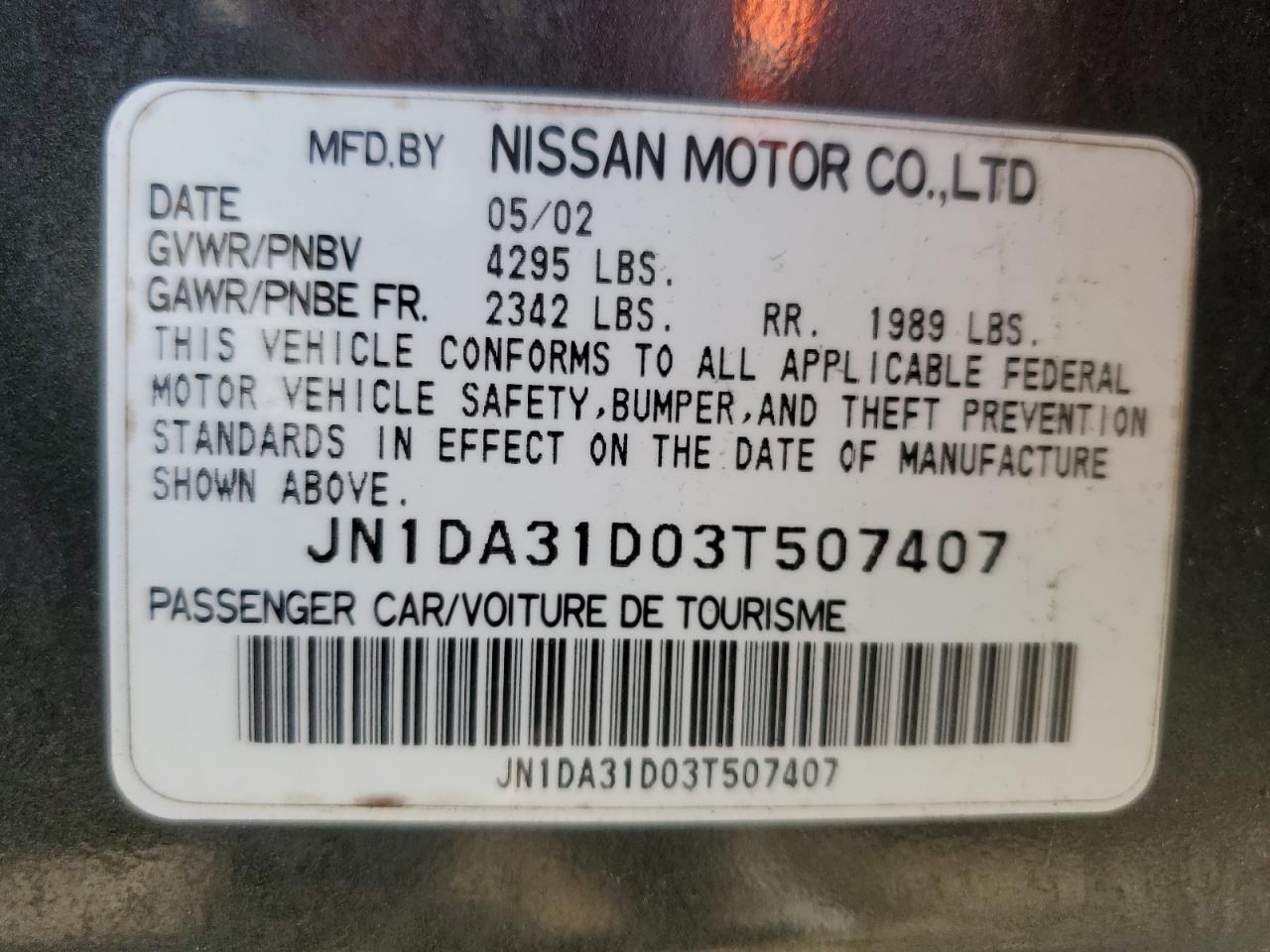 2003 Nissan Maxima VIN JN1DA31D03T507407 Copart auction photo, front end / minor dent/scratches damage thumbnail 14