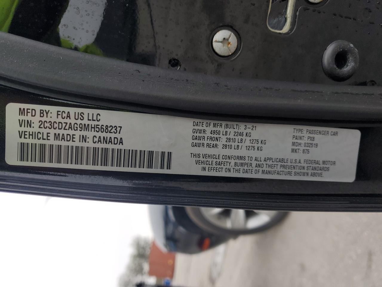 2021 Dodge Challenger VIN 2C3CDZAG9MH568237 Copart auction photo, rear end damage thumbnail 12
