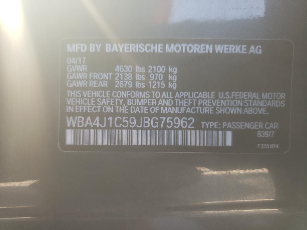 2018 BMW 4er VIN WBA4J1C59JBG75962 Copart auction photo, front end damage thumbnail 12