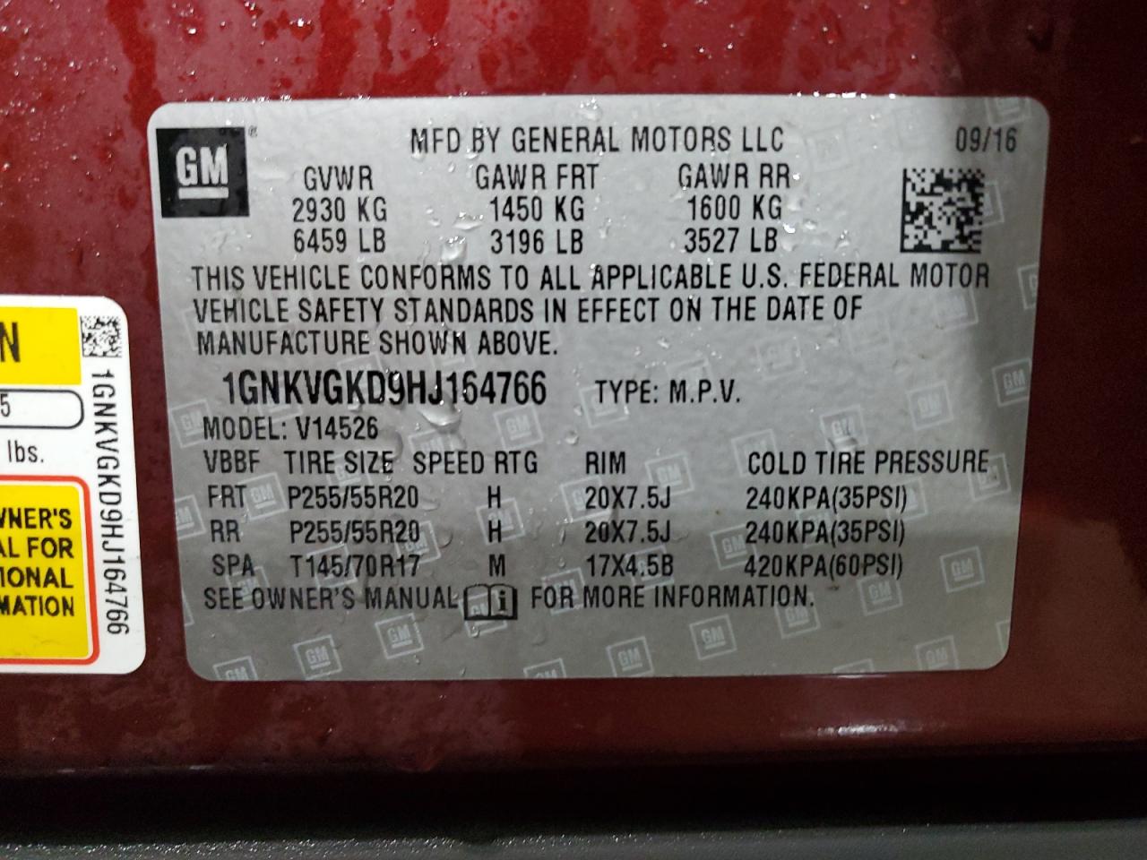 2017 Chevrolet Traverse VIN 1GNKVGKD9HJ164766 Copart auction photo, front end / rear end damage thumbnail 13