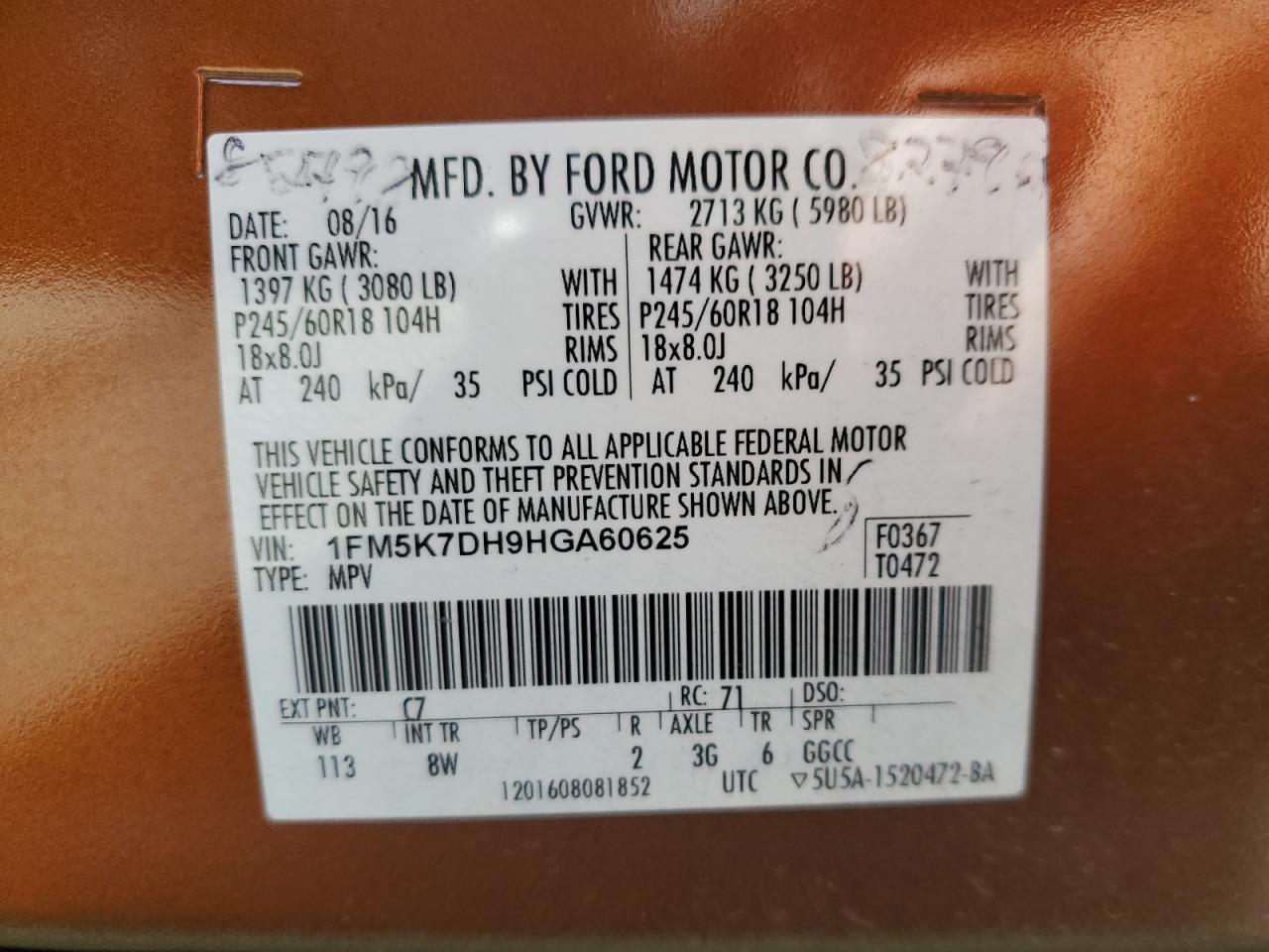 2017 Ford Explorer VIN 1FM5K7DH9HGA60625 Copart auction photo, front end damage thumbnail 14