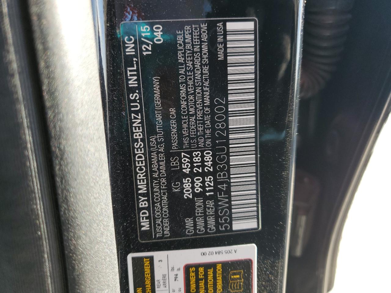 2016 Mercedes-Benz C-klasse VIN 55SWF4JB3GU128002 Copart auction photo, all over damage thumbnail 13