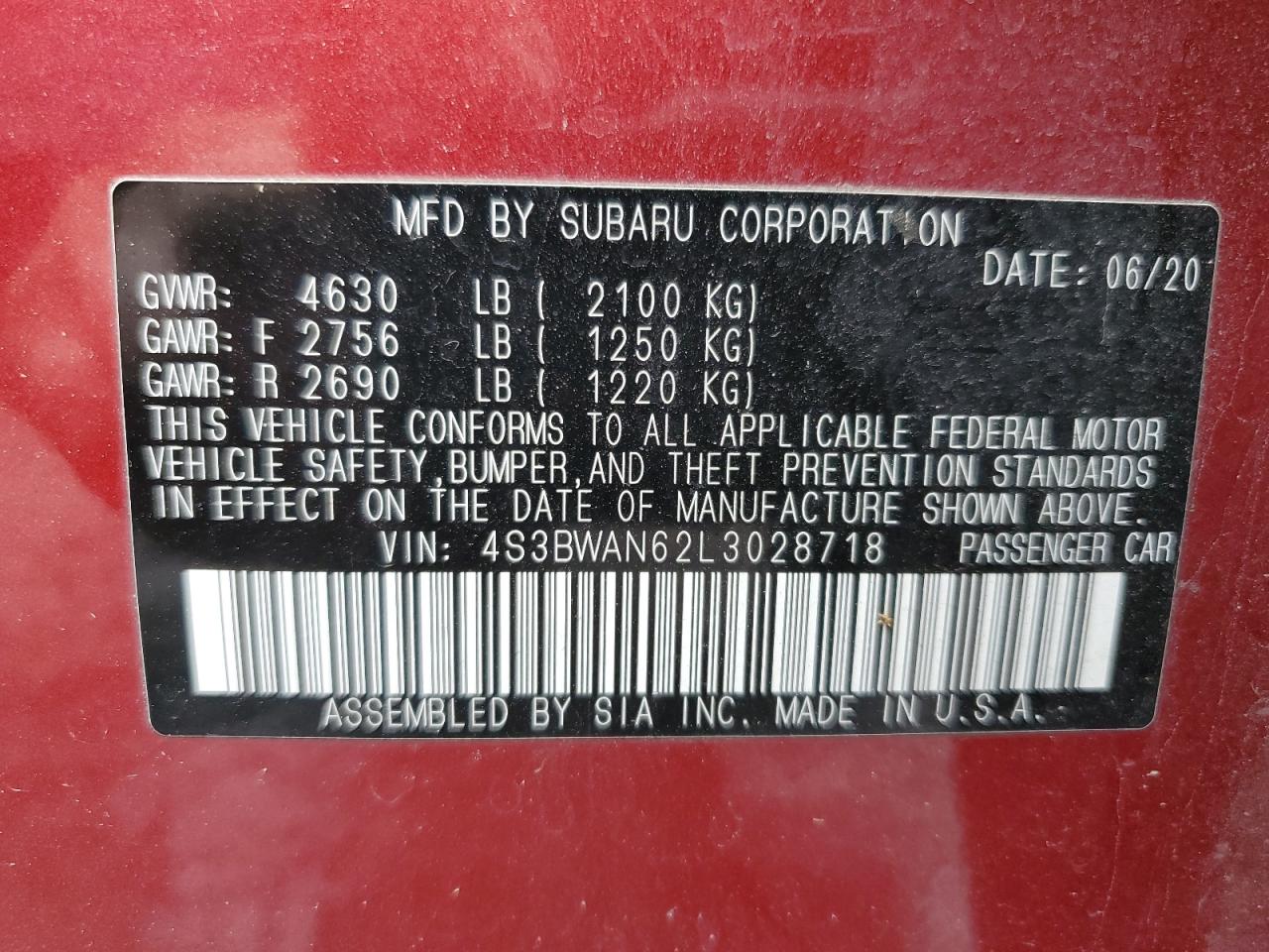2020 Subaru Legacy VIN 4S3BWAN62L3028718 Copart auction photo, front end damage thumbnail 12