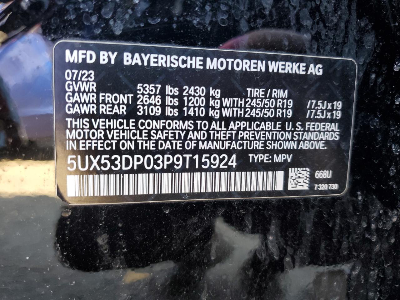 2023 BMW X3 VIN 5UX53DP03P9T15924 Copart auction photo, side / minor dent/scratches damage thumbnail 13