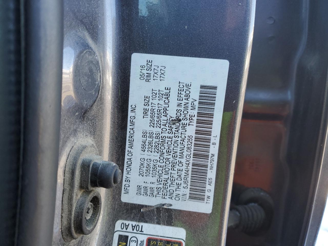 2016 Honda CR-V VIN 5J6RM4H4XGL083255 Copart auction photo, side / rear end damage thumbnail 15