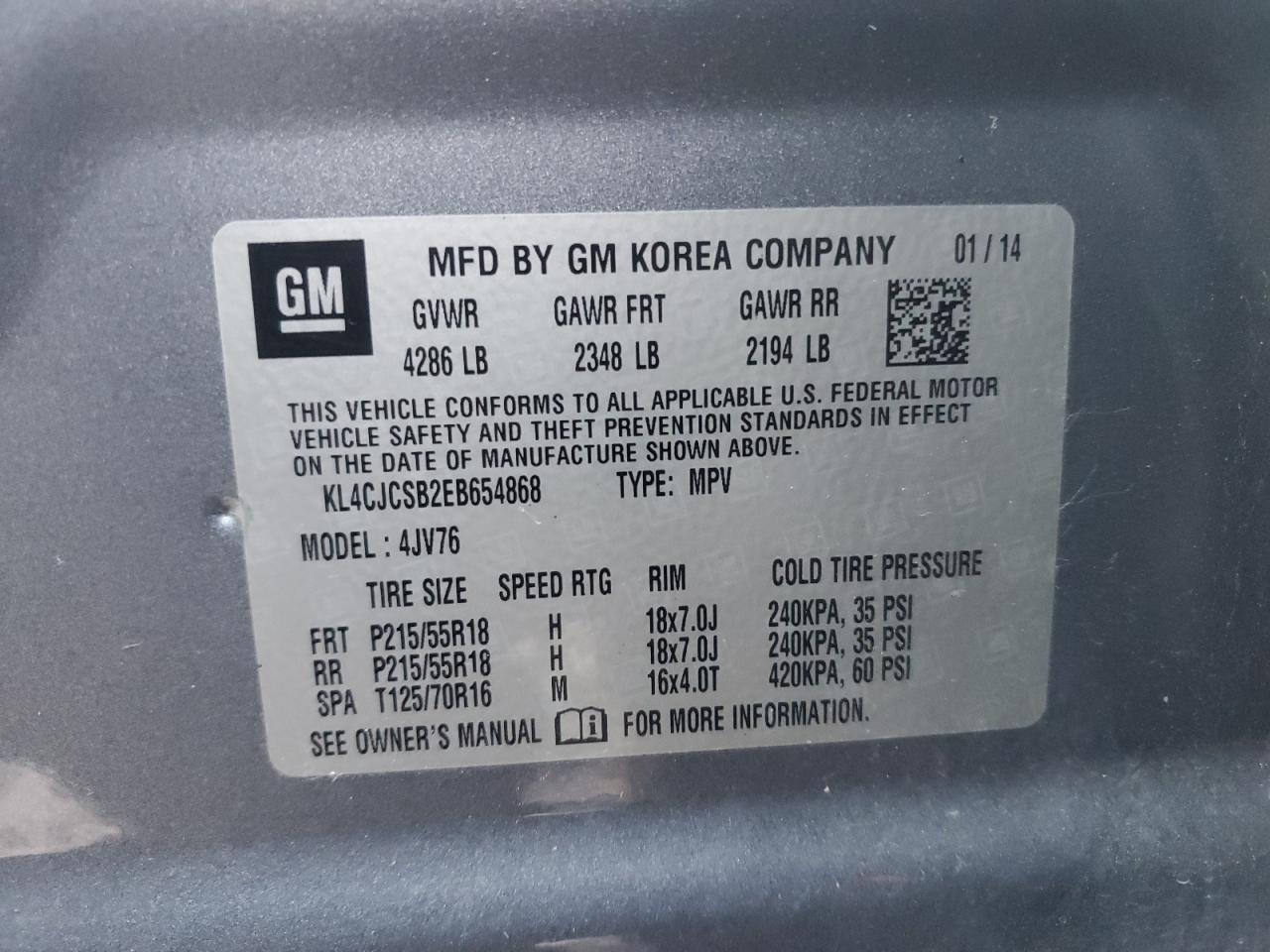 2014 Buick Encore VIN KL4CJCSB2EB654868 Copart auction photo, vandalism damage thumbnail 13