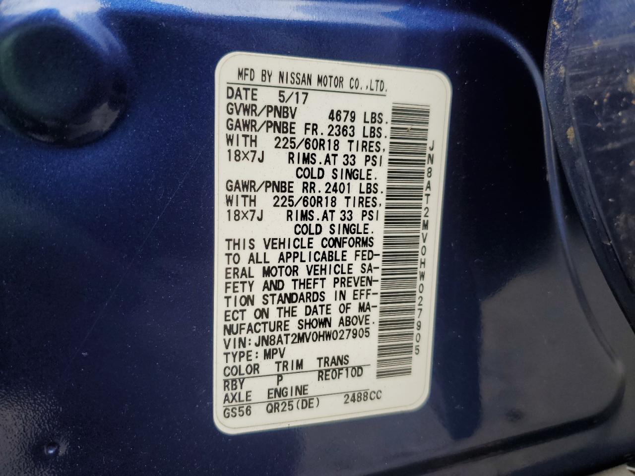 2017 Nissan Rogue VIN JN8AT2MV0HW027905 Copart auction photo, all over damage thumbnail 14