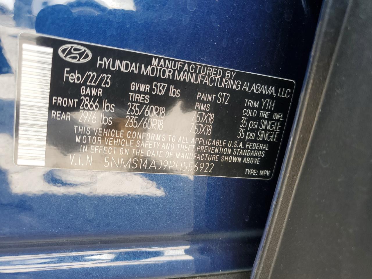 2023 Hyundai Santa Fe VIN 5NMS14AJ9PH556922 Copart auction photo, side / minor dent/scratches damage thumbnail 15