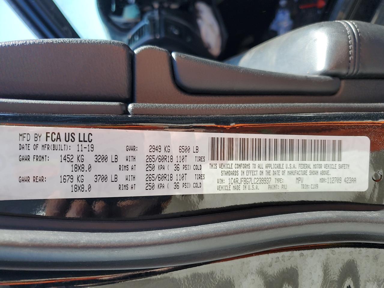 2020 Jeep Grand Cherokee VIN 1C4RJFBG7LC239937 Copart auction photo, front end / mechanical damage thumbnail 15