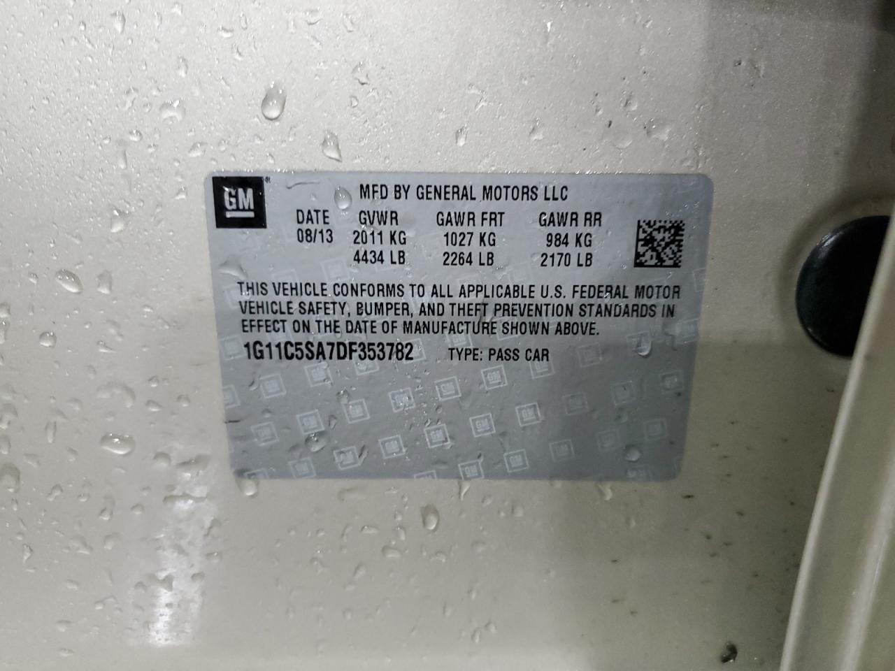 2013 Chevrolet Malibu VIN 1G11C5SA7DF353782 Copart auction photo, front end damage thumbnail 14