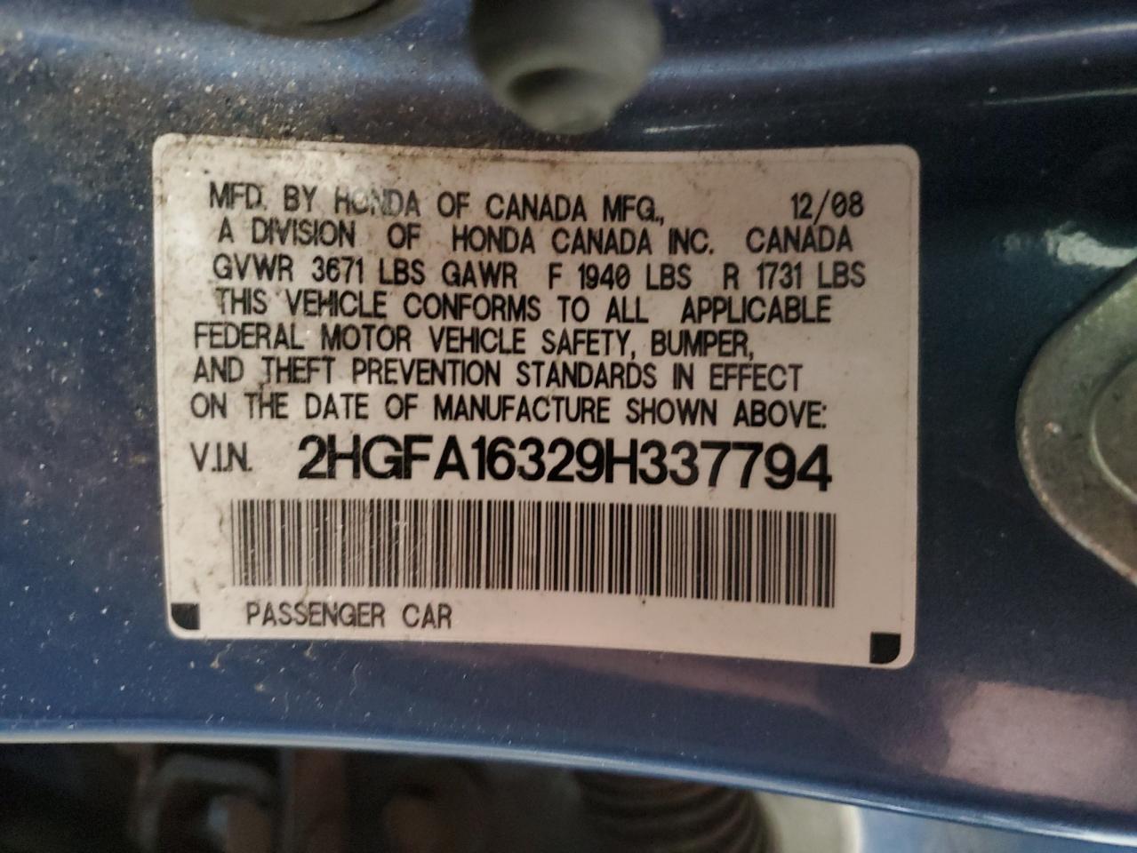 2009 Honda Civic VIN 2HGFA16329H337794 Copart auction photo, rear end / front end damage thumbnail 12