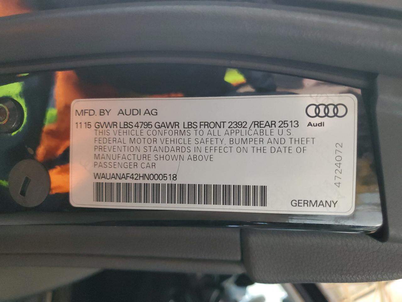 2017 Audi A4 VIN WAUANAF42HN000518 Copart auction photo, side damage thumbnail 14
