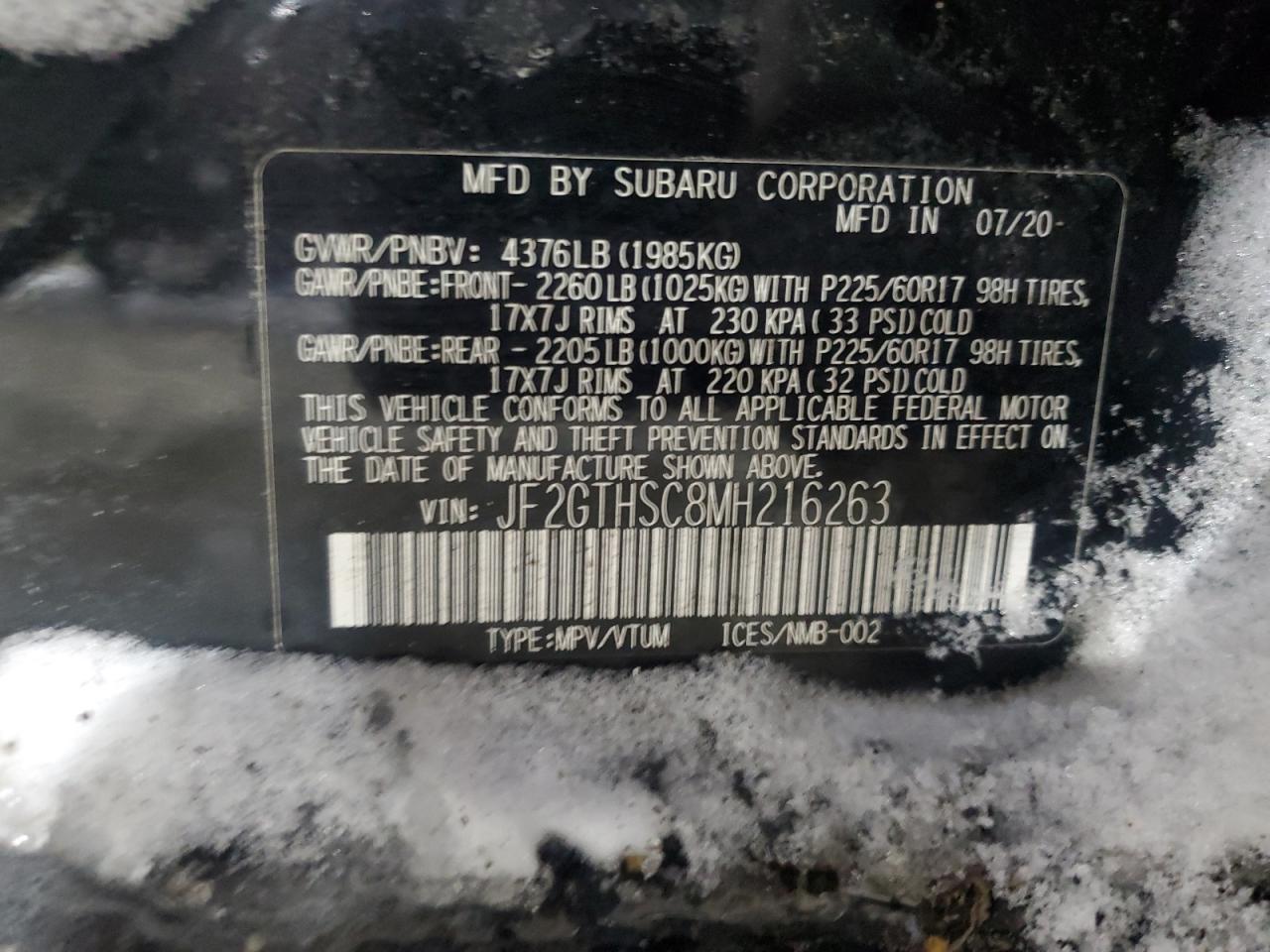 2021 Subaru XV VIN JF2GTHSC8MH216263 Copart auction photo, rollover / front end damage thumbnail 12