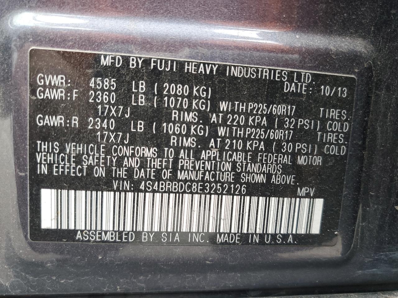 2014 Subaru Outback VIN 4S4BRBDC8E3252126 Copart auction photo, rear end / minor dent/scratches damage thumbnail 13