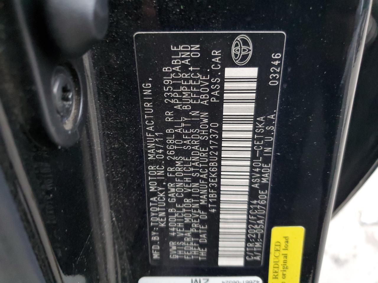 2011 Toyota Camry VIN 4T1BF3EK6BU217370 Copart auction photo, all over damage thumbnail 13