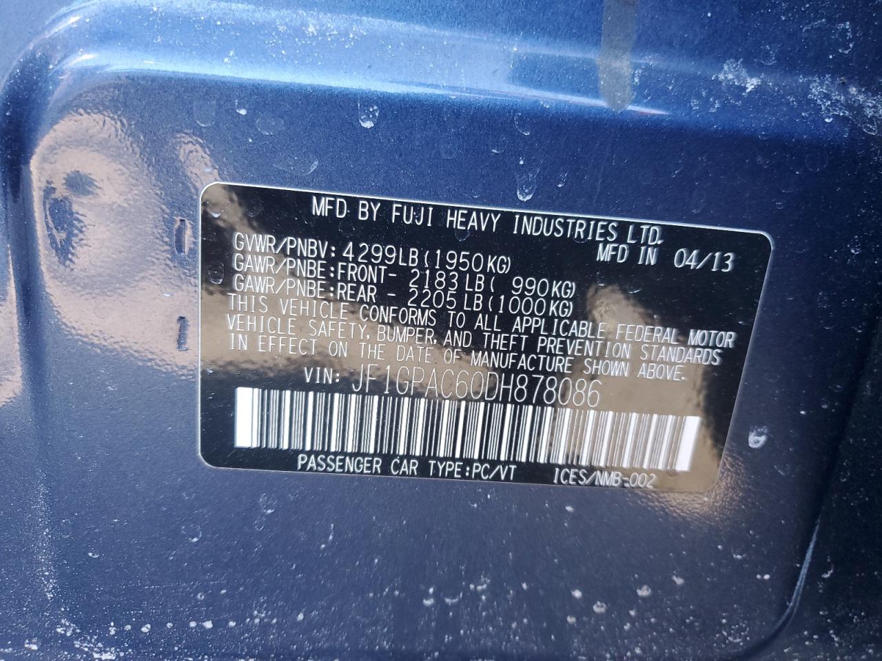 2013 Subaru Impreza VIN JF1GPAC60DH878086 Copart auction photo, front end / rear end damage thumbnail 12