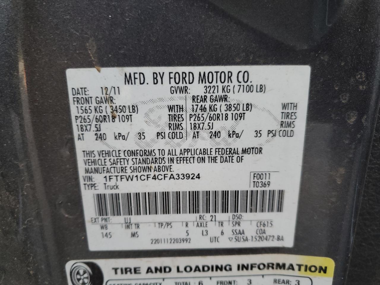 2012 Ford F-150 VIN 1FTFW1CF4CFA33924 Copart auction photo, water/flood / rollover damage thumbnail 12