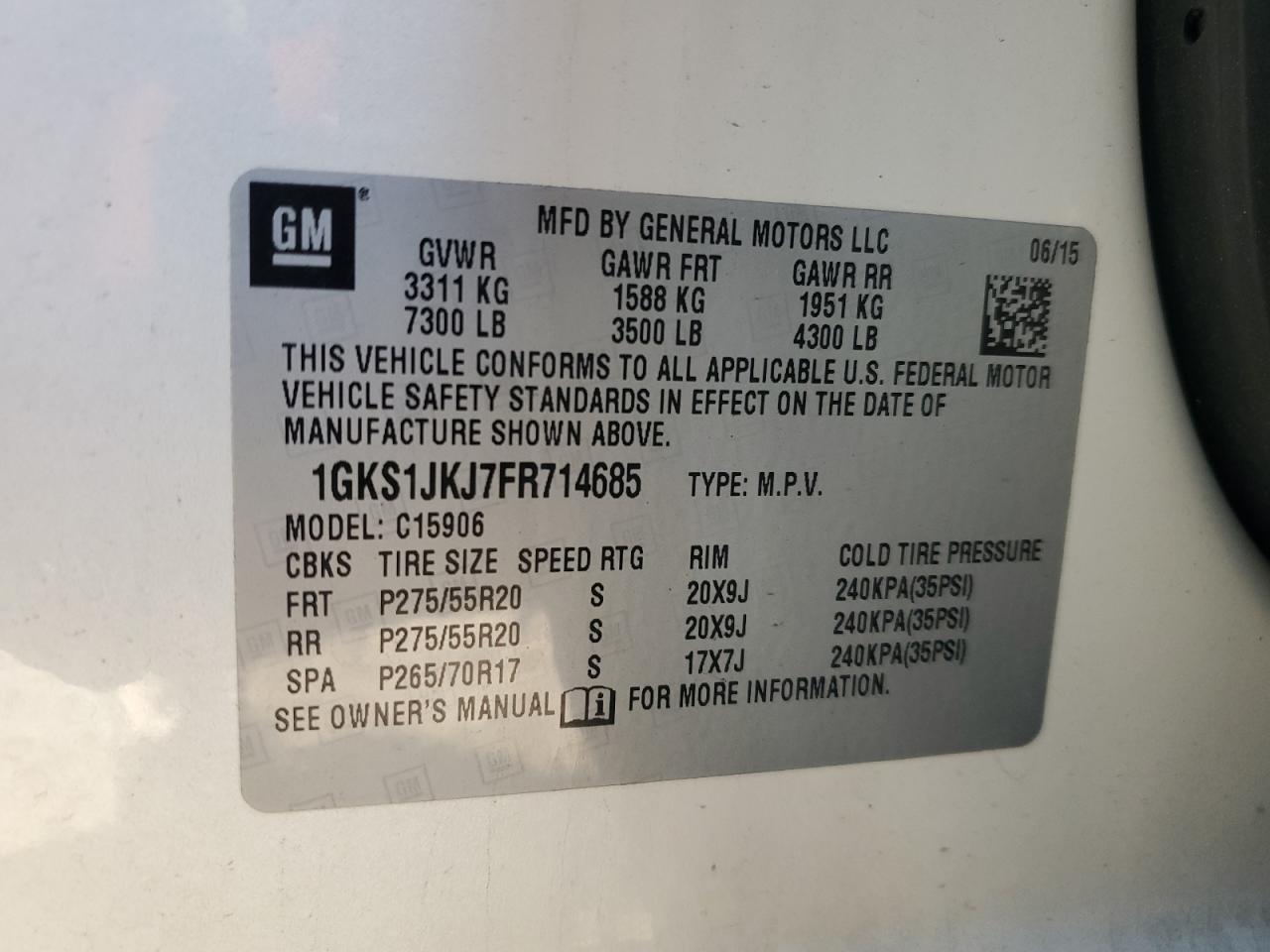 2015 GMC Yukon VIN 1GKS1JKJ7FR714685 Copart auction photo, front end / minor dent/scratches damage thumbnail 15