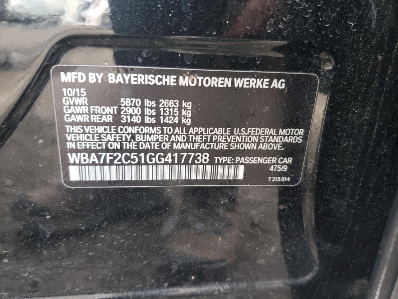 2016 BMW 7er VIN WBA7F2C51GG417738 Copart auction photo, front end damage thumbnail 12