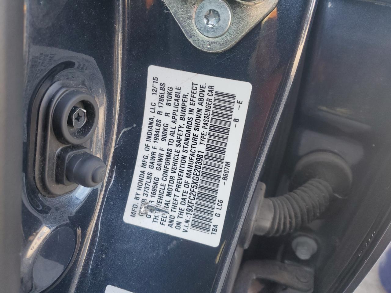 2016 Honda Civic VIN 19XFC2F5XGE203981 Copart auction photo, front end damage thumbnail 14