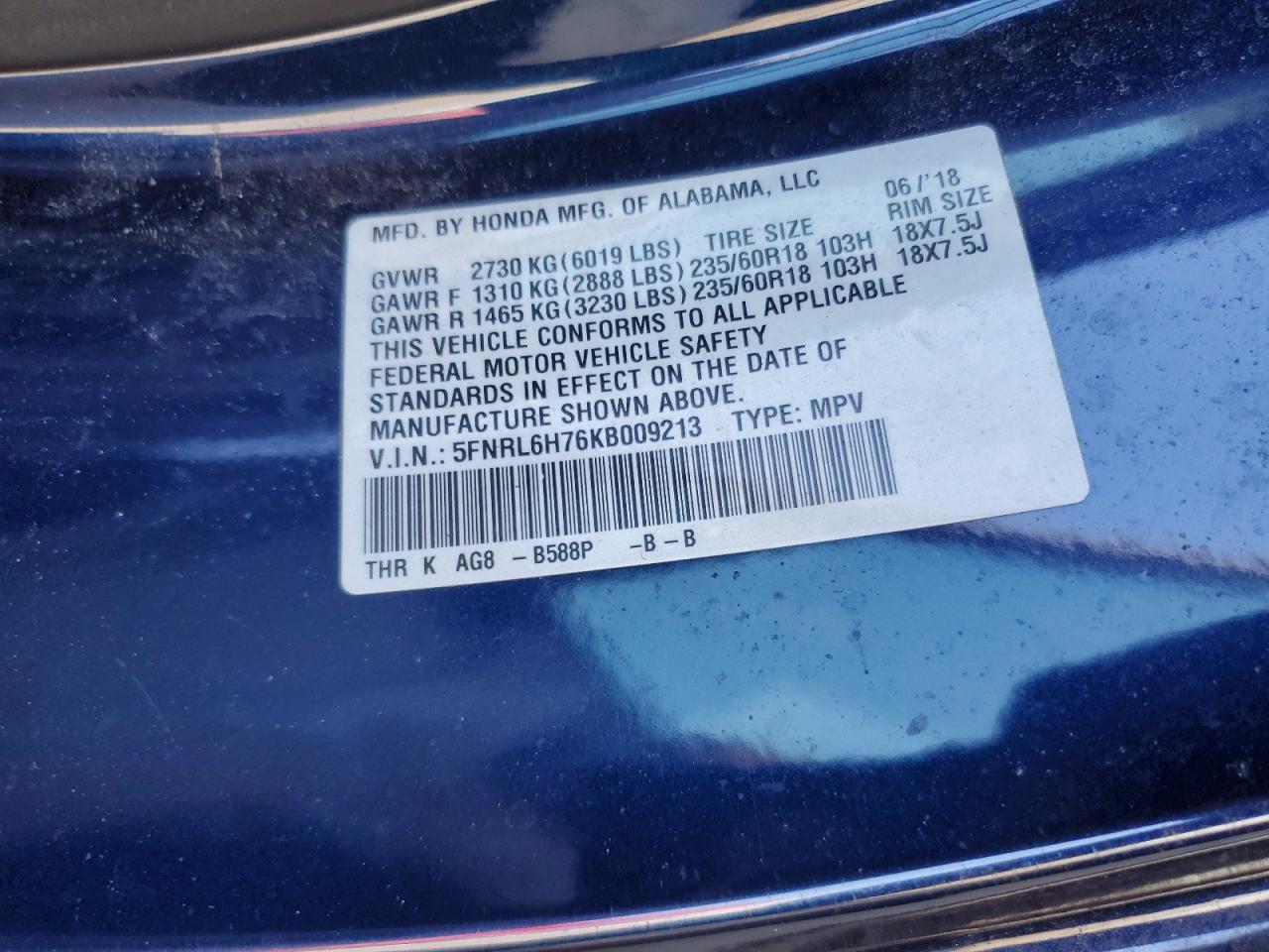2019 Honda Odyssey VIN 5FNRL6H76KB009213 Copart auction photo, rear end damage thumbnail 13