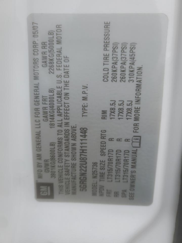 2007 Hummer H2 VIN 5GRGN22U87H111448 Copart auction photo, rear end damage thumbnail 12