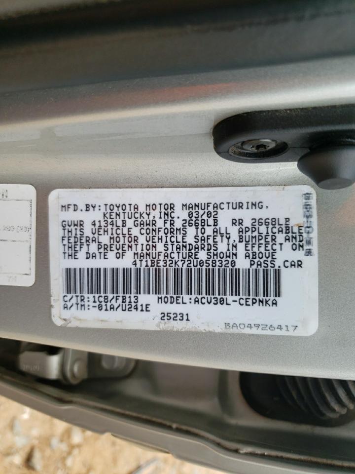 2002 Toyota Camry VIN 4T1BE32K72U058320 Copart auction photo, rear end / front end damage thumbnail 12