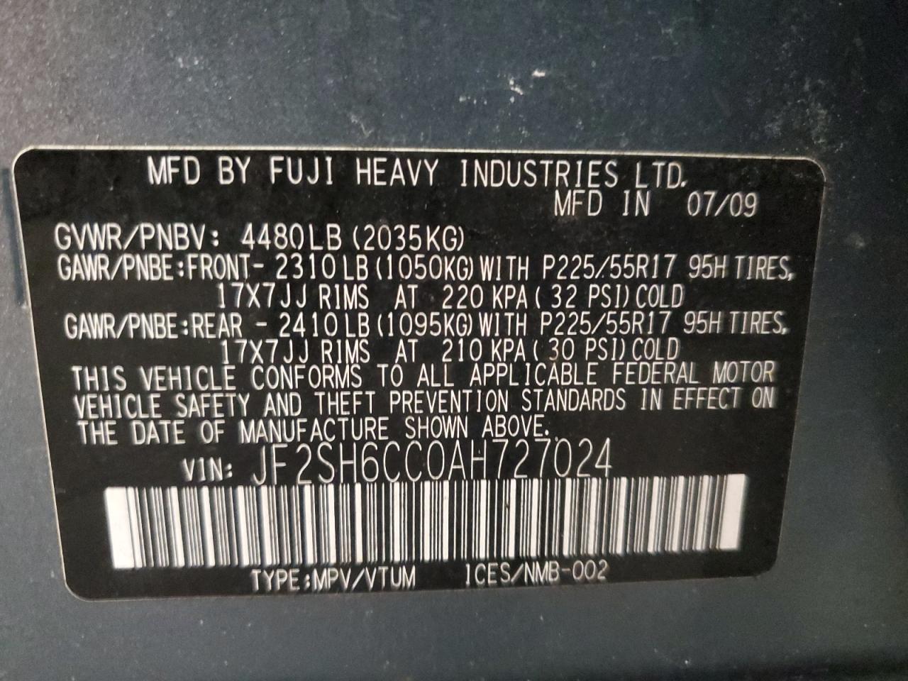 2010 Subaru Forester VIN JF2SH6CC0AH727024 Copart auction photo, side / minor dent/scratches damage thumbnail 13