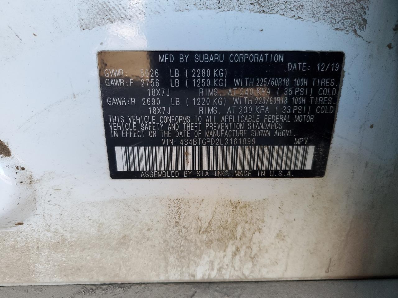 2020 Subaru Outback VIN 4S4BTGPD2L3161899 Copart auction photo, front end damage thumbnail 14