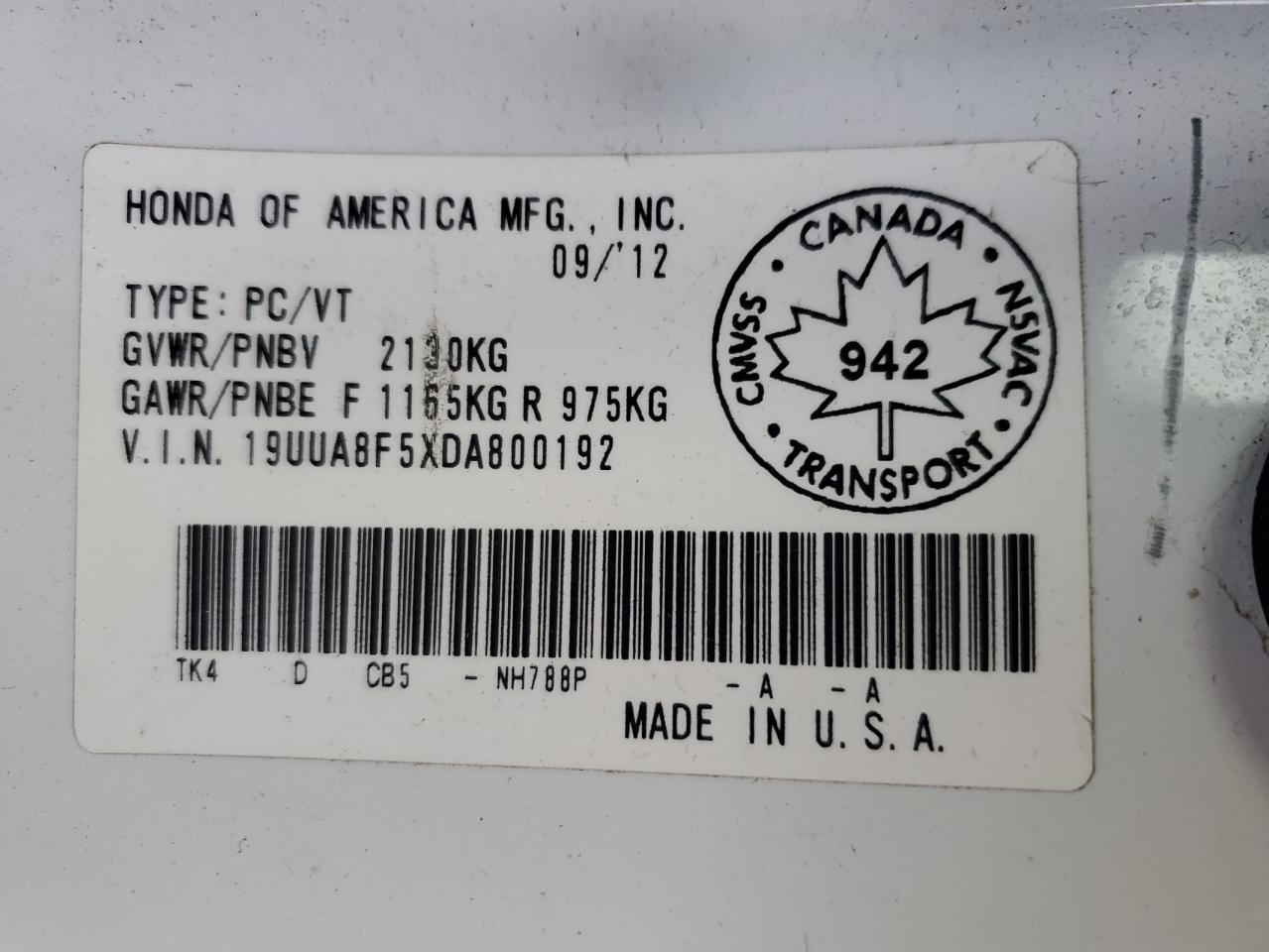 2013 Acura TL VIN 19UUA8F5XDA800192 Copart auction photo, rear end / front end damage thumbnail 12